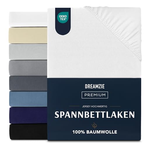 Dreamzie Premium Spannbettlaken 180x200 cm, Spannbetttuch für Dicke Matratzen bis zu 27 cm, Bettlaken 100% Jersey Baumwolle, 150 g/m², Oeko-TEX Zertifiziert - Weiß