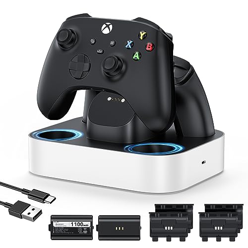 NEWDERY Controller-Ladestation für Xbox, 2 x 1100 mAh wiederaufladbare Akkus für Xbox One/Series X|S Controller, Schnellladestation mit 4 Akku-Abdeckungen – Weiß