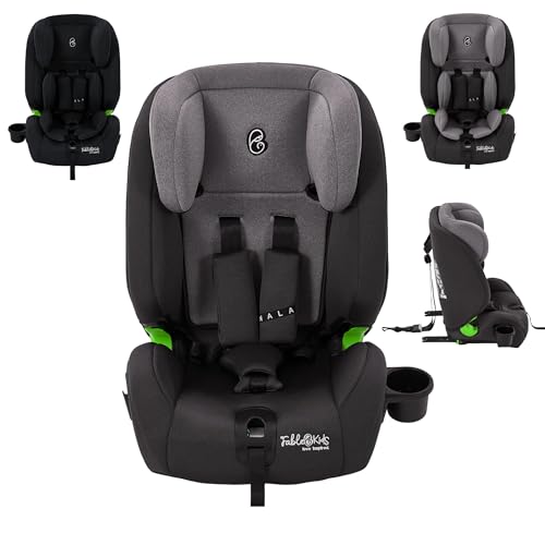 FableKids Kinderautositz mit Isofix | Autokindersitz ab 15 M. | Autositz für Kinder 76-150cm | Kindersitz i-Size | 3-Punkt-Sicherheitsgurt | einstellbare Kopfstütze & Becherhalter | ECE R129/03 | Grau