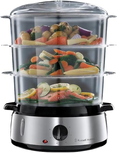 Russell Hobbs Dampfgarer [normale Größe] 9,0l (60 Minuten Timer + Abschaltautomatik, 3 spülmaschinengeeignete Dampfgarbehälter + Reisschale / Reiskocher + 6 Eierhalter /Eierkocher, BPA-frei) 19270-56