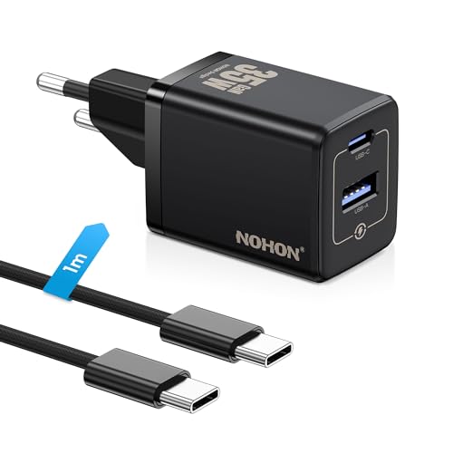 NOHON 35W USB C Ladegerät：GaN Netzteil USB C Lieferung mit 1m Typ-C Ladekabel, 2 Ports Schnellladegerät Mit USB-C und USB-A, Ladegerät für iPhone 15/15 Plus/15 Pro/15 Pro Max, Pixel, Samsung, iPad