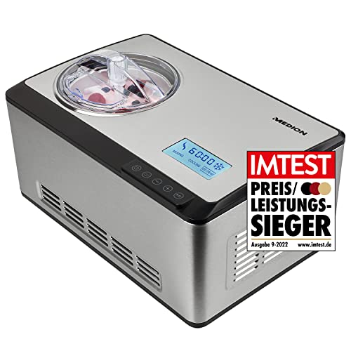 MEDION Eismaschine selbstkühlend mit Kompressor (2 Liter Eis, geeignet für Eiscreme Frozen Joghurt Sorbet, 180 Watt, Display, Sensor Touch, MD 18883)