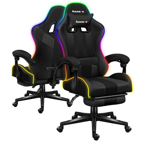huzaro Force 4.7 RGB Mesh | LED Beleuchtung Gaming Stuhl Bürostuhl Computerstuhl | 90-140° Neigungswinkel Kopfstütze Lendenkissen Höhenverstellbar Fußstütze | 140 kg belastbar | Stoff | Schwarz
