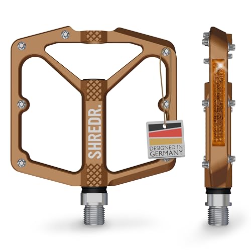 SHREDR. Shine Pedale für MTB | Hochwertige Flatpedals fürs Mountainbike | Mit Reflektoren (StVZO konform). (Bronze, XL)