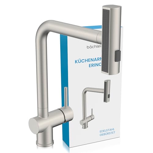 Bächlein Küchenarmatur Erino (Edelstahl gebürstet) – Schwenkbare Einhand-Spültischbatterie mit 3 Strahlarten – Küchen-Wasserhahn mit ausziehbarer und drehbarer Brause und Wasserfall-Funktion