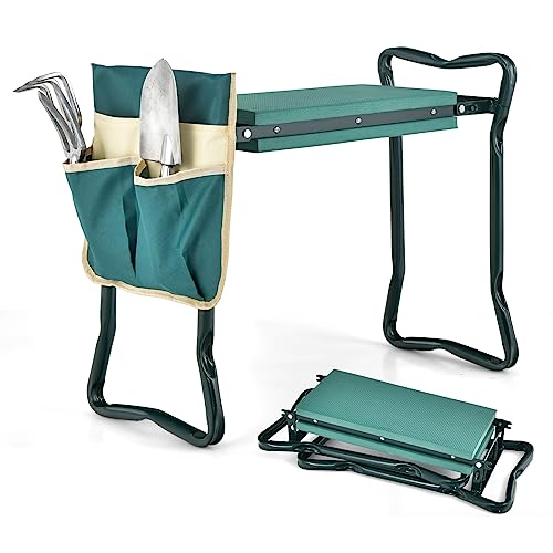 KOMFOTTEU Kniebank, Faltbarer Gartenhocker mit Schaummatte und 2 Werkzeugtasche, Gartenbank für Knieschutz, 58cm x 28cm x 13/49cm, für Gartenarbeit (Mit 2 großen Werkzeugtaschen)