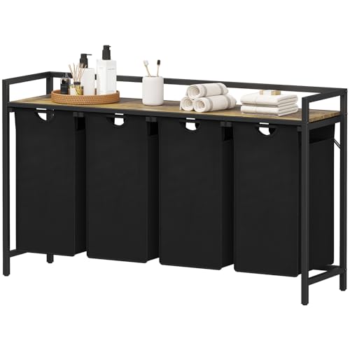 Lifewit Wäschekorb 4 Fächer, 168L/4x42L Wäschesammler mit Ablage und herausziehbaren Säcken, Wäsche sortiersystem, Waschesammelbox für Schlafzimmer, Badezimmer, Schlafsaal, 124x33,4x76cm, Schwarz