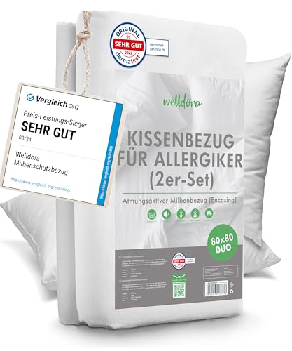 Welldora ǀ 2er-Set Milbenbezug Kissen 80x80 ǀ Allergiker Kissenbezug fachärztlich getestet ǀ Premium Encasing 80x80 cm gegen Milben & Bettwanzen ǀ Allergiker Bettwäsche