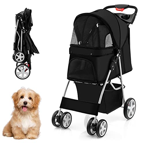 COSTWAY Hundewagen Haustiere Buggy, bis 15 kg, Hundebuggy mit Netzfenstern & Getränkehalter & Korb & Sonnenschutz, Faltbarer Katzenwagen, Katzenbuggy für kleine Hunde Katzen (Schwarz)