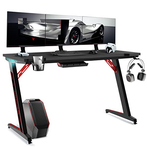 Gaming Schreibtisch LED 120 x 60 cm, Gaming Tisch mit LED, Z Rahmen Stabiler PC Tisch mit Kohlefaserbeschichtung, Gamer Tisch mit Getränkehalter, Veranstalter und Kopfhörerhaken, Einfach zu Montieren