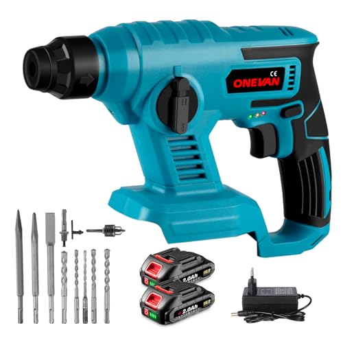 ONEVAN Akku Bohrhammer Bohrmaschine, 2 Funktionen Schlagbohrmaschine und Abbruchhammer mit 2 2000mAh Akkus, Akkubohrer Stemmhammer Bohrhämmer