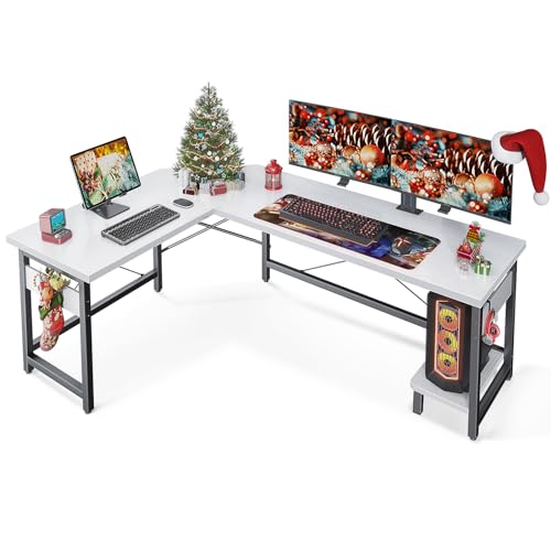 ODK Gaming Schreibtisch, Schreibtisch Weiß, Gaming Tisch mit Extra große Nutzfläche, Großer Schreibtisch, Schreibtisch L Form, Eckschreibtisch Gaming mit CPU-Ständer, 163×120cm