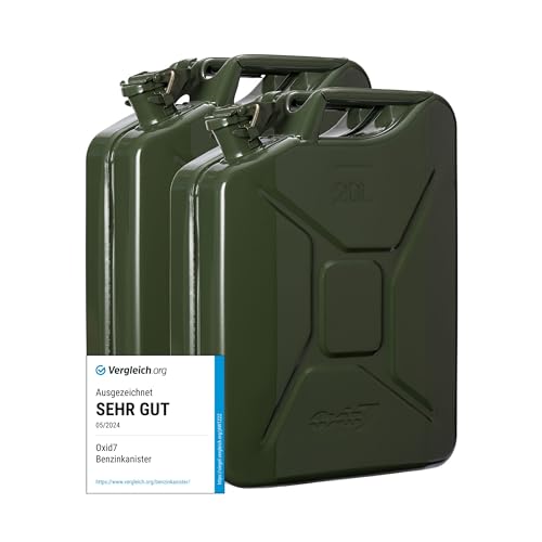 Oxid7 2x Kraftstoffkanister 20 Liter aus Metall olivgrün | Benzin, Diesel & Bio-Ethanol geeignet | 20L Benzin-Kanister mit UN-Zulassung & Bauart geprüft