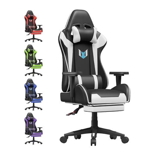 bigzzia Gaming Stuhl Computerstuhl Ergonomisch - Gamer Stühle mit Lendenkissen + Kopfstütze Höhenverstellbar Gaming Chair für Mädchen Junge Erwachsene (Schwarz-weiß-Mit Fußstütze)