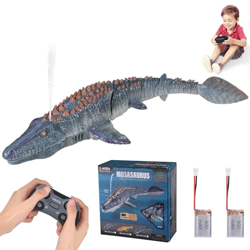 Wyxron RC Boot Ferngesteuertes Dinosaurierboot mit 2×500mAh Akku, 2.4GHz Wasserdicht Ferngesteuerte Boote mit LED-Licht & Sprühnebel, Dual Propeller Ferngesteuerte Mosasaurus Poolspielzeug für Kinder