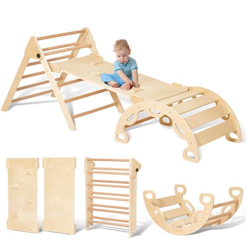 Giant bean 5-in-1 Montessori Kletterdreieck mit Kletterbogen und Rutsche, Holzdreieck für Kleinkinder ab 2-5, Indoor Kletterspielzeug, Hellbraunmit, M