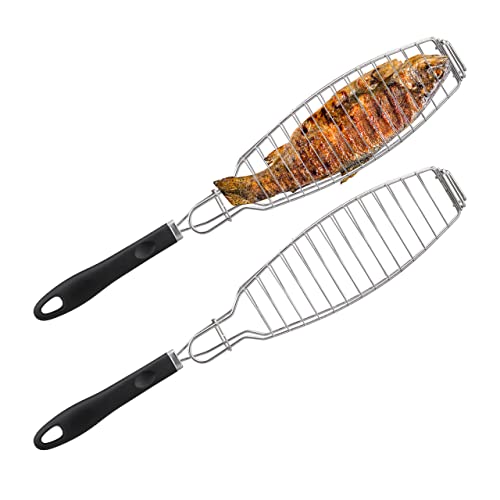 Relaxdays Fischbräter 2er Set, Edelstahl, Gummigriff, 58,5 cm lang, Fischhalter zum Grillen, Grillkorb Fisch, Silber