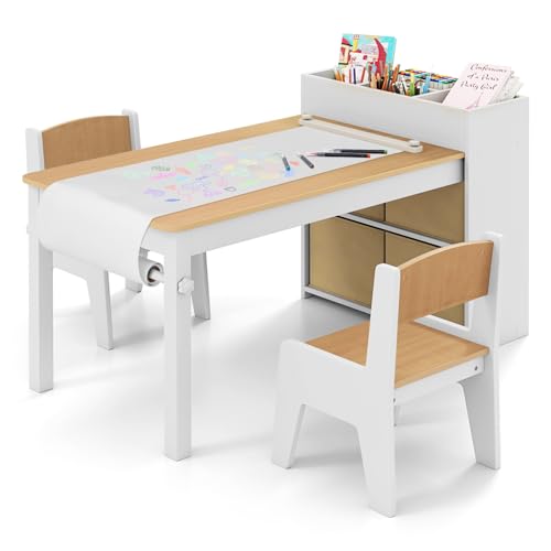 COSTWAY Kindertisch mit 2 Stühlen, 2 in 1 Kindersitzgruppe aus Holz mit Stauraum, Kinder Tisch Stuhl Set mit Papierrollenhalter & 4 Stoffbehältern, Maltisch für Kinder ab 3 Jahren (Natur)