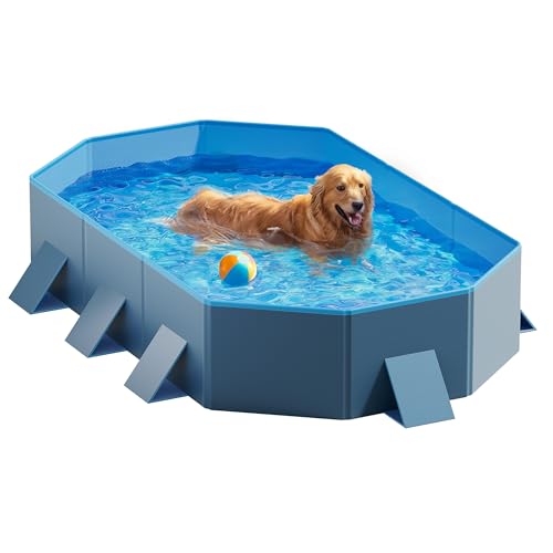 Peteast Foldable Dog Pool mit robusten runden Design, Durable 71''Lx39 Bx12 D Extra große tragbare Pet Bathtub mit verstärkten Seitenwänden für Stabilität(Blue & Dark Gray)