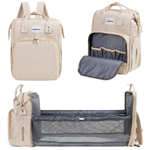 Barmøya 2-in-1 Wickelrucksack mit Wickelablage | Wasserabweisender Wickelrucksack mit isolierten Flaschenhaltern, Laptopfach und viel Stauraum | Inkl. Stabilisator-Stangen (Beige)