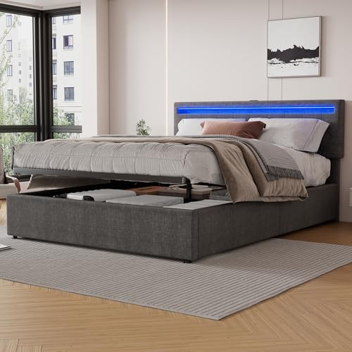 Dolamaní Doppelbett 160x200 cm, Boxspringbett mit großer Stauraum Bettkasten, Bett kann angehoben, Polsterbett, Funktionsbett, Grau