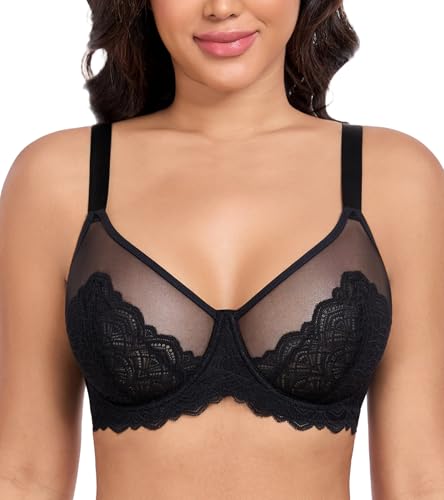DotVol Damen Große Größen Spitze Sheer Bügel Ungepolster Jeden Tag Minimizer BH(Schwarz, 85D)