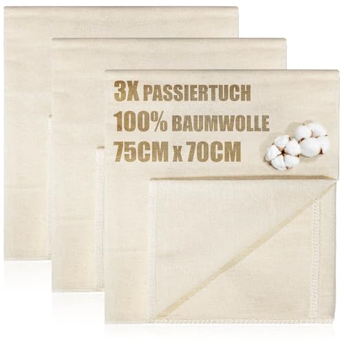 com-four® 3x Bäckerleinen, Seihtuch, Passiertuch, Knödeltuch 75 x 70 cm aus 100% Baumwolle - Gewebte Tücher für Teigzubereitung - Reißfest bei hoher Feuchtigkeit - Seiher, Leinentuch zum Brotbacken