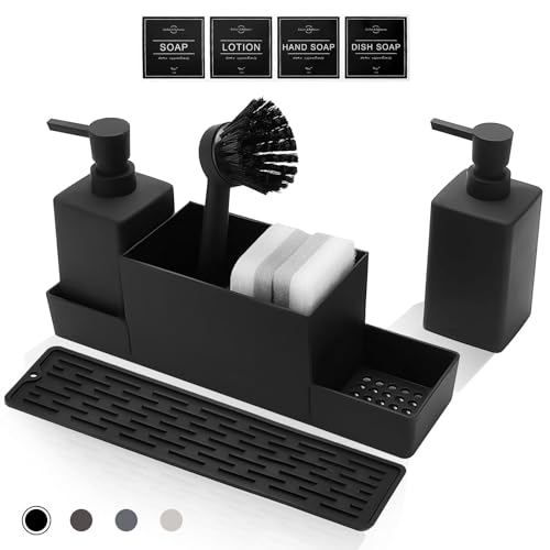 CAUTIOUS 350ML Spülbecken Organizer mit Bürste, Seifenspender Spülschwamm, Küche Spülmittelspender Set aus Kunststoff, Spülorganizer mit Zwei Seifenspender, Küchengadget Organizer (schwarz)