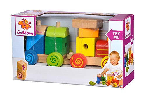 Eichhorn 100003453 Lok mit Sound, Anhänger mit Bausteinen, 17cm lang, Birke und Kiefernholz, WB, Try me,1J+, bunt