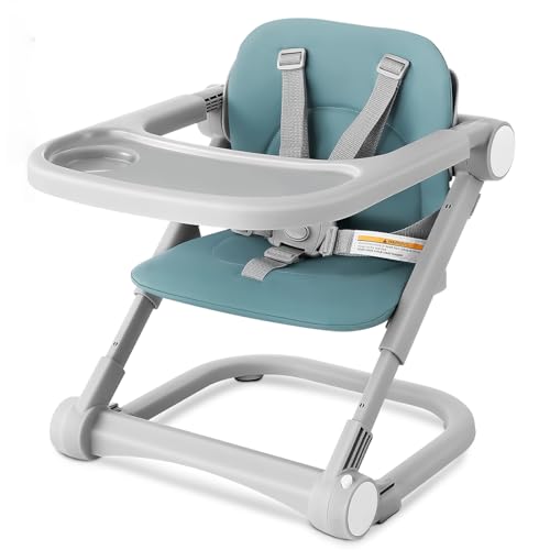 Sitzerhöhung Baby Tragbar Kinderhochstuhl Höhenverstellbar Reise Hochstuhl mit abnehmbarem Tablett, PU-Sitzpolster und 5-Punkt-Sicherheitsgurt Kinder Stuhl Booster (Grün)
