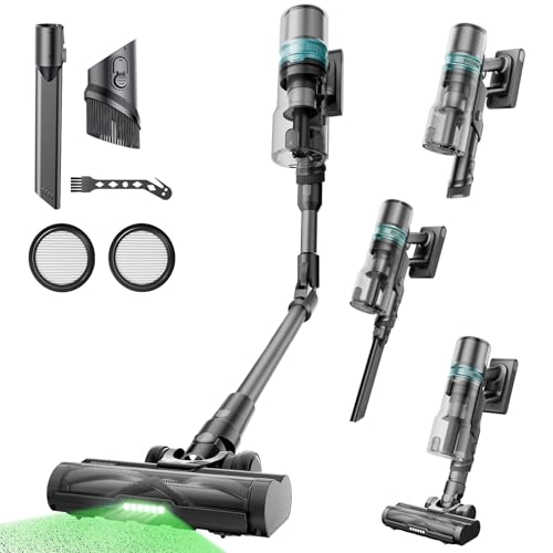 Proscenic P16 Staubsauger Kabellos Flexibel, 550W 50Kpa 65Min Akku Staubsauger mit Knickrohr Touchscreen Grün Licht Anti-Tangle, Kabelloser Staubsauger für Teppich Hartböden Haustierhaare Auto, Grau