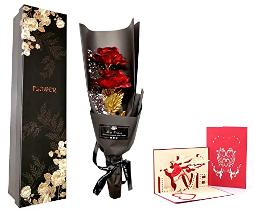 Gold Rose Blumenstrauß, Handgefertigt Goldfolie Künstlicher Rosenstrauß - mit Geschenkbox für Frau Freundin/ Muttertag/ Geburtstag/ Hochzeitstag/ Jahrestag Künstliche Rose (rot)