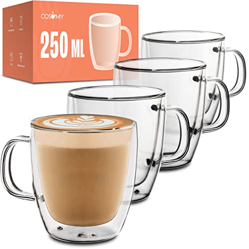 Cosumy 4 Doppelwandige Cappuccino Thermogläser mit Henkel 250ml - Halt die Temperatur länger - Schutz deine Hände - Mit Geschenkbox