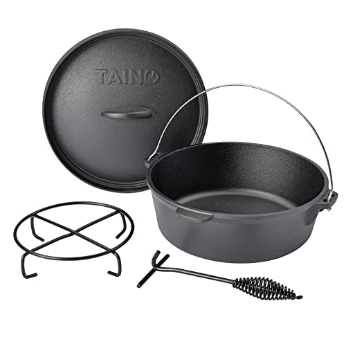 TAINO Dutch Oven 6L aus Gusseisen Ø 30cm Feuertopf Set Deckelheber Ständer Cast Iron Schmortopf ohne Füße Gusstopf ideales Grillzubehör Dopf