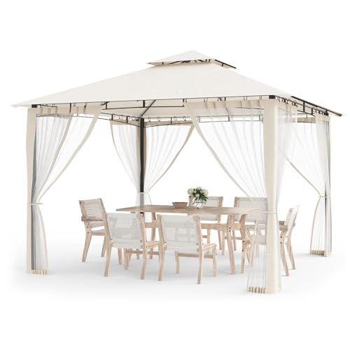 Amopatio Garten Pavillon 2.8x2.8 Wasserdicht Stabil Winterfest, Doppeldach Gartenpavillon mit Moskitonetz, Deluxe Patio Gazebo Wetterfest, Partyzelt Gartenlaube Metall für Pool Seite, Terrasse, Beige