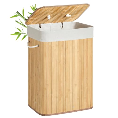 SONGMICS Wäschekorb mit Deckel, 72 L, Wäschekorb aus Bambus, faltbar, mit abnehmbarem waschbarem Beutel, Griffen, für Waschküche, Schlafzimmer, Holzfarbe LCB10Y