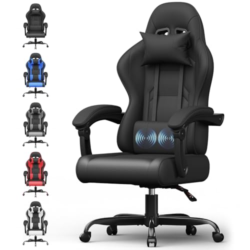 Airfish Bürostuhl Ergonomisch Gaming Stuhl Massage Gaming Sessel mit Kopfstütze Massage-Lendenkissen, Gepolstert Gaming Chair, Drehsessel,150kg Kapazität,Schwarz