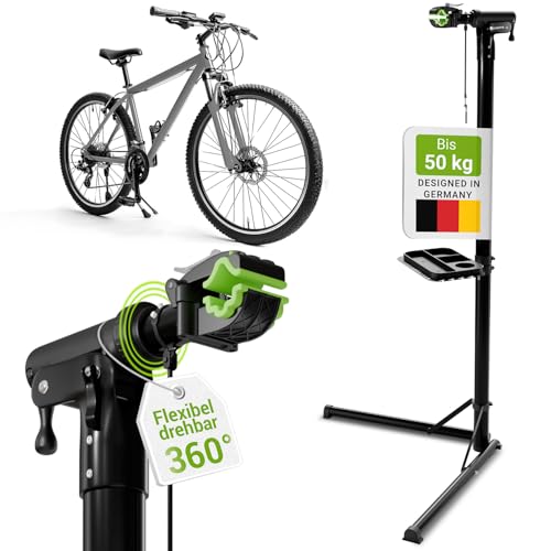 Juskys Fahrrad Reparaturständer, bis 50 kg für E-Bike, klappbar & höhenverstellbar, Klemmkopf 360° drehbar, Gummibeschichtung & Werkzeugablage, Schwerlast Fahrradständer für 24 bis 29 Zoll Fährräder