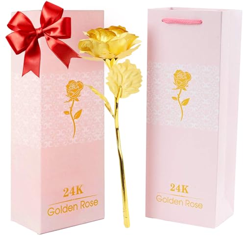 24 Karat Gold Rose mit Luxus-Geschenkbox – 25,4 cm Golden Rose Metall Einzelrosen und Valentinstagsgeschenke Idee für Frauen, Lieben, Mutter, Ehefrau, Freundin, Oma, Muttertag