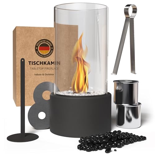 Bioethanol Monster24 Tischkamin Rund – Tischfeuer Indoor & Outdoor für Balkon, Terrasse & Garten – 3h Brenndauer - 31x16x16 cm – Verstellbare Flamme – 2 Flammenringe & Deko-Steine Schwarz/Weiß