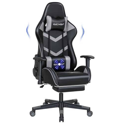 Fullwatt Gaming Stuhl Bürostuhl Racing Stuhl Massage mit Fußstütze Ergonomisch 90-150° Rückenlehne Verstellbar Abnehmbare Kopfstütze Lendenkissen PU Leder (Grauer 2D-Handlauf)