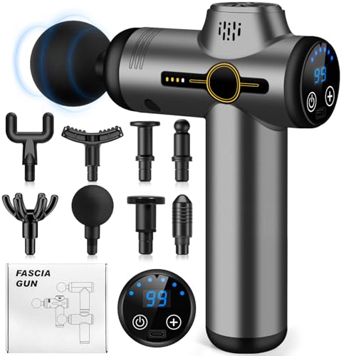 AQXONG Mini Muskelmassagepistole, Tragbares Elektrisches Massagegerät mit LCD Display, 99 Geschwindigkeiten, 8 Massageköpfe, Ultraleise Massagepistole 35DB, Wiederaufladbare Massagepistole