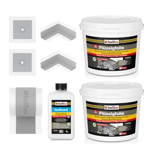 Isolbau Dicht-Set - Inkl. 1x Flüssigfolie (8 kg), 1x Grundierlösung (1 L), 1x Dichtband (5 m), 2x Innenecken & 2x Manschetten