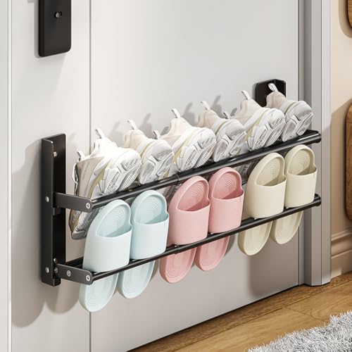 DongMaple Schuhregal Metall 2 Ebenen, 37-67cm Ausziehbar Schuhablage Schuhhalter Wand Schuhregal Platzsparend,für 6 Paar Schuhe- Schuh Organizer für Wohnmobil,Korridor und Badezimmer,Schwarz