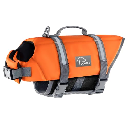 Voarge Hund Rettungsweste, Haustier Sicherheitsweste Badebekleidung Hund Rettungsweste, für Hundegröße einstellbar mit starkem Schwimm- und Rettungsgriff (M)