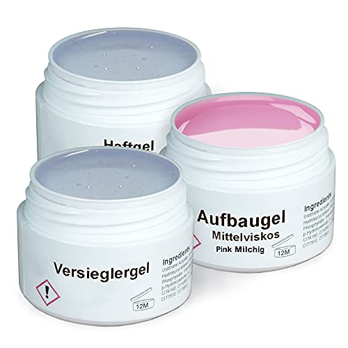 GS-Nails UV Gel-Set - 3x 15ml Nagel-Gel für Nail-Art & Nagel-Design - Haft-Gel, mittelviskoses Aufbau-Gel Pink Milchig, Versiegelungs-Gel - 45ml