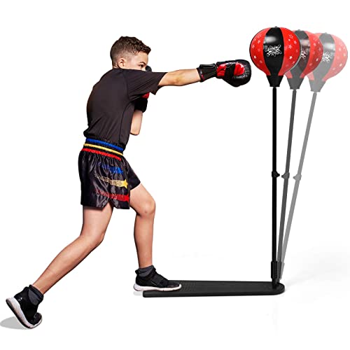 GOPLUS Punchingball, Boxsack Set, mit Boxhandschuhen & Handpumpe, Standboxball, mit stabilem Ständer & rutschfestem Pedal, höhenverstellbar von 85 bis 130 cm, für Kinder & Jugendliche ab 8 Jahre