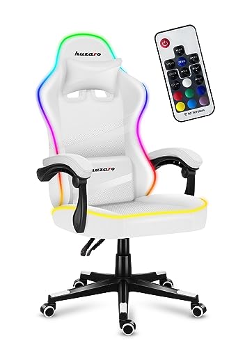 huzaro Force 4.4 RGB White | LED Beleuchtung Gaming Stuhl Bürostuhl Schreibtischstuhl Ergonomischer Kunstleder Stoff | Kopfstütze Lendenkissen Höhenverstellbar Wippfunktion 130 kg belastbar | Weiß