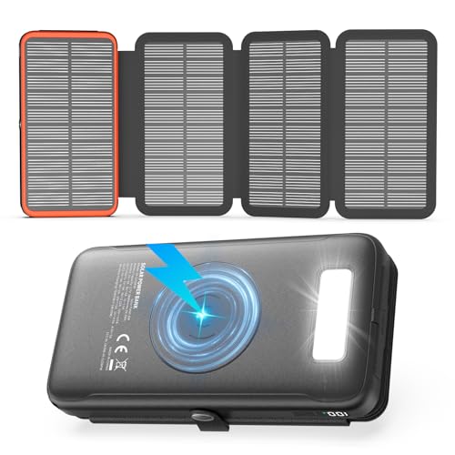 Wireless-Solar-Powerbank-27000mAh - FEELLE 22,5W Schnellladung USB-C Externer Akku Pack mit PD 4.0 QC 3.0 USB-Ausgang & 4 Solarpanel für Smartphones Tablets