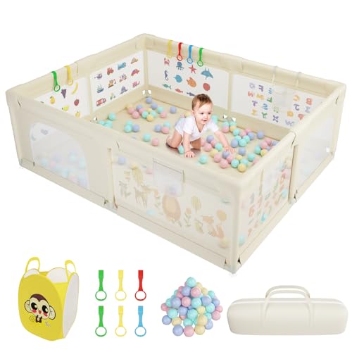 GOI Laufstall Baby, 200x160 CM Extra-großes Laufstall für Apartment, Kinder Laufstall mit weichem atmungsaktivem Netz, inklusive 50 Bällen, 6X Zugringen, 1X Ballaufbewahrungskorb-Beige